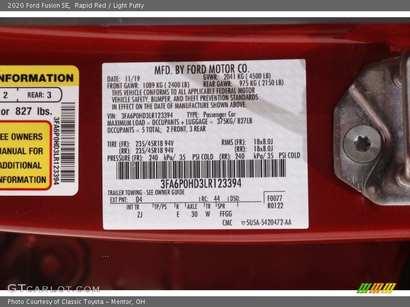 Rapid Red / Light Putty 2020 Ford Fusion SE