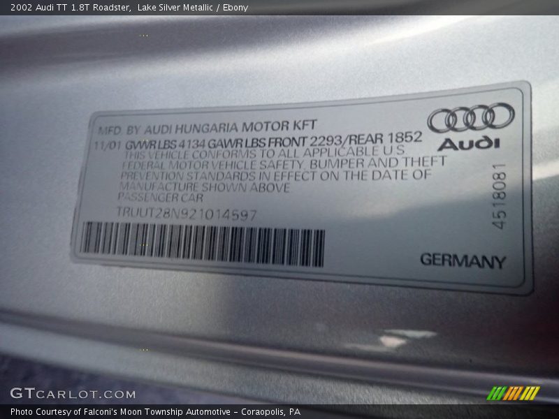 Lake Silver Metallic / Ebony 2002 Audi TT 1.8T Roadster