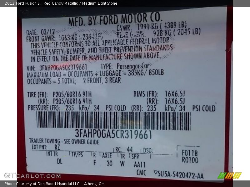 Red Candy Metallic / Medium Light Stone 2012 Ford Fusion S