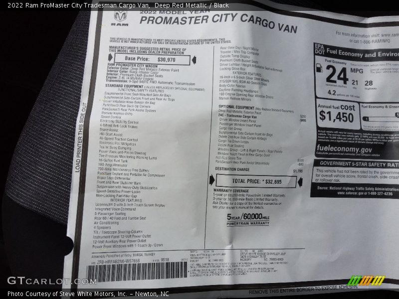  2022 ProMaster City Tradesman Cargo Van Window Sticker