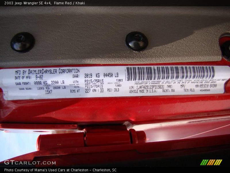 Flame Red / Khaki 2003 Jeep Wrangler SE 4x4