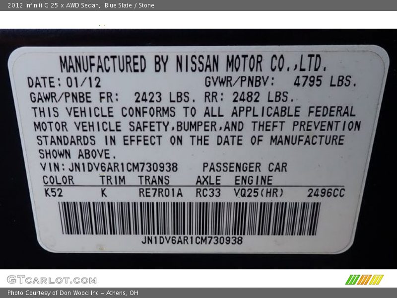 2012 G 25 x AWD Sedan Blue Slate Color Code K52