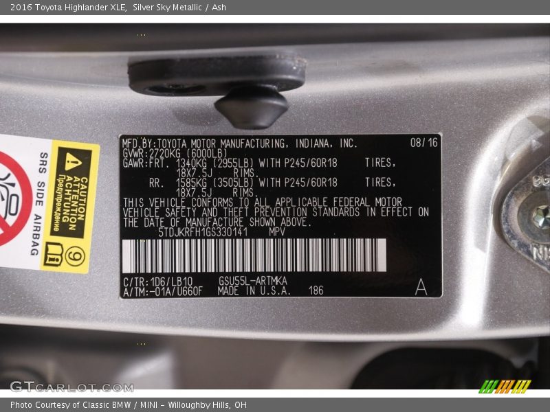 Silver Sky Metallic / Ash 2016 Toyota Highlander XLE
