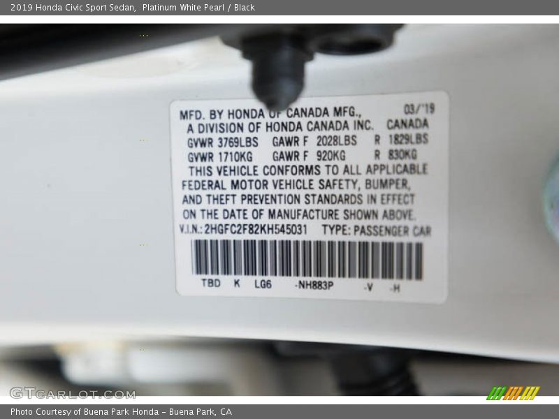 Platinum White Pearl / Black 2019 Honda Civic Sport Sedan