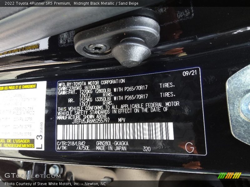 2022 4Runner SR5 Premium Midnight Black Metallic Color Code 218