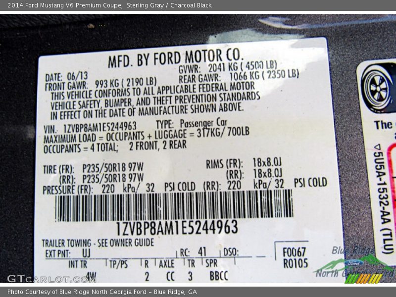 Sterling Gray / Charcoal Black 2014 Ford Mustang V6 Premium Coupe