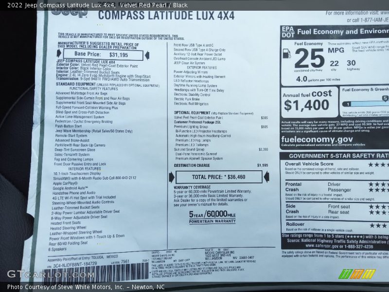  2022 Compass Latitude Lux 4x4 Window Sticker
