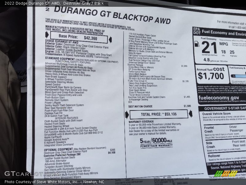  2022 Durango GT AWD Window Sticker