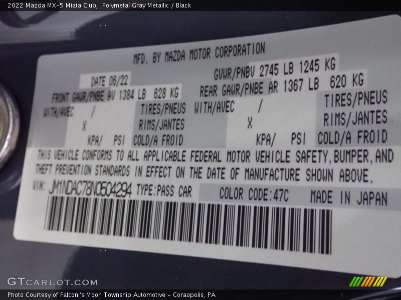 2022 MX-5 Miata Club Polymetal Gray Metallic Color Code 47C