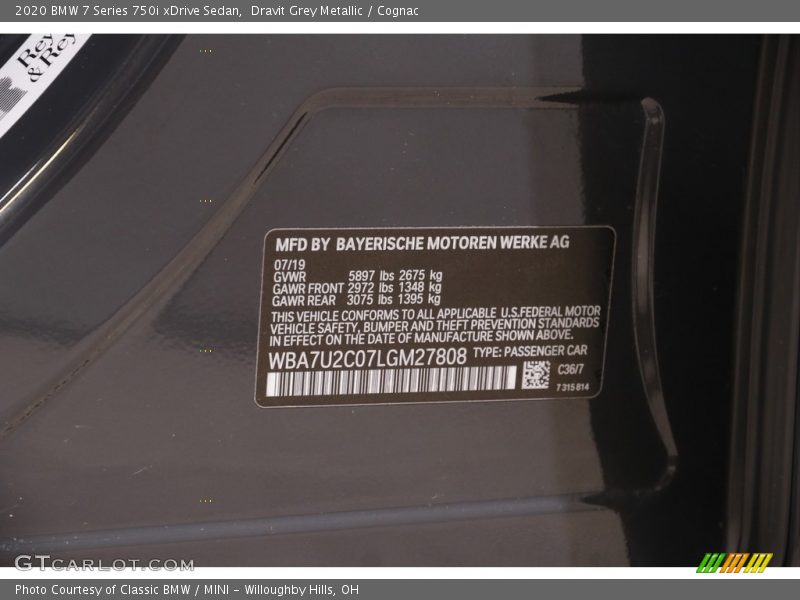 2020 7 Series 750i xDrive Sedan Dravit Grey Metallic Color Code C36