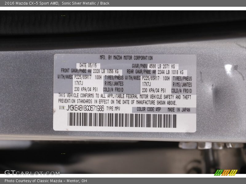 Sonic Silver Metallic / Black 2016 Mazda CX-5 Sport AWD