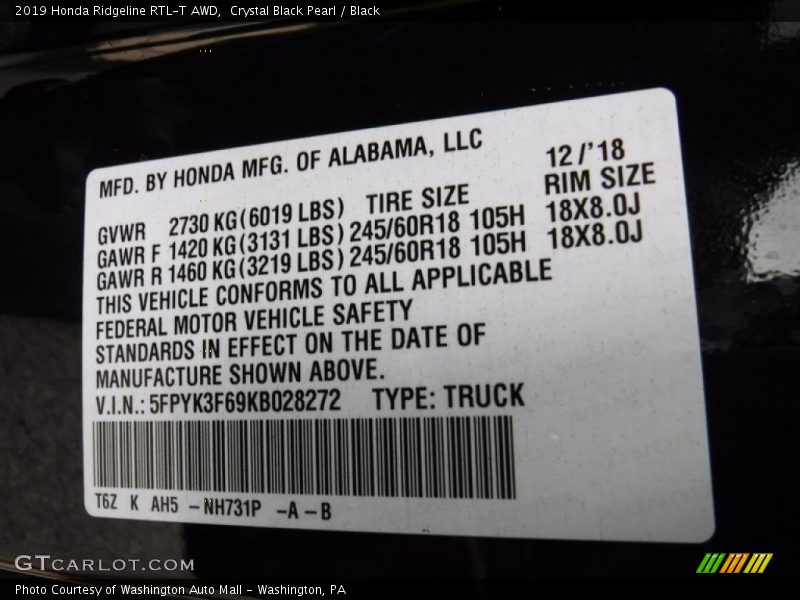 Crystal Black Pearl / Black 2019 Honda Ridgeline RTL-T AWD