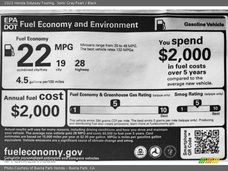 Sonic Gray Pearl / Black 2023 Honda Odyssey Touring