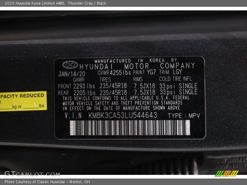 Thunder Gray / Black 2020 Hyundai Kona Limited AWD