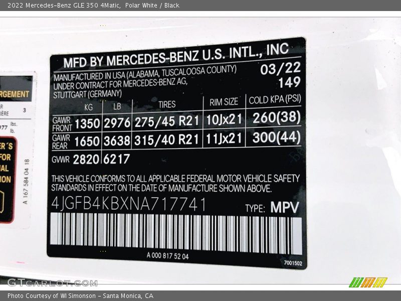 2022 GLE 350 4Matic Polar White Color Code 149