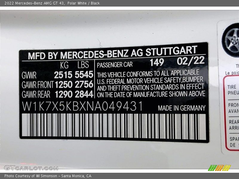 2022 AMG GT 43 Polar White Color Code 149