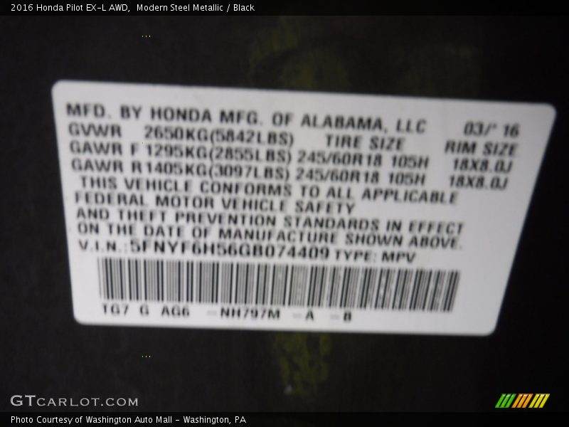 Modern Steel Metallic / Black 2016 Honda Pilot EX-L AWD