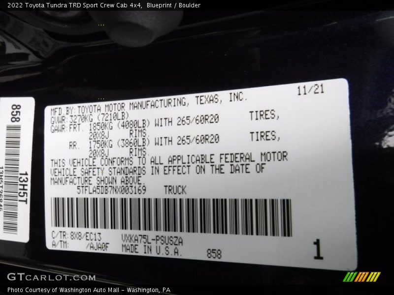 2022 Tundra TRD Sport Crew Cab 4x4 Blueprint Color Code 8X8