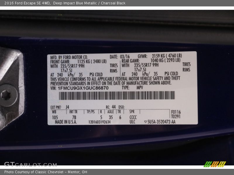 Deep Impact Blue Metallic / Charcoal Black 2016 Ford Escape SE 4WD