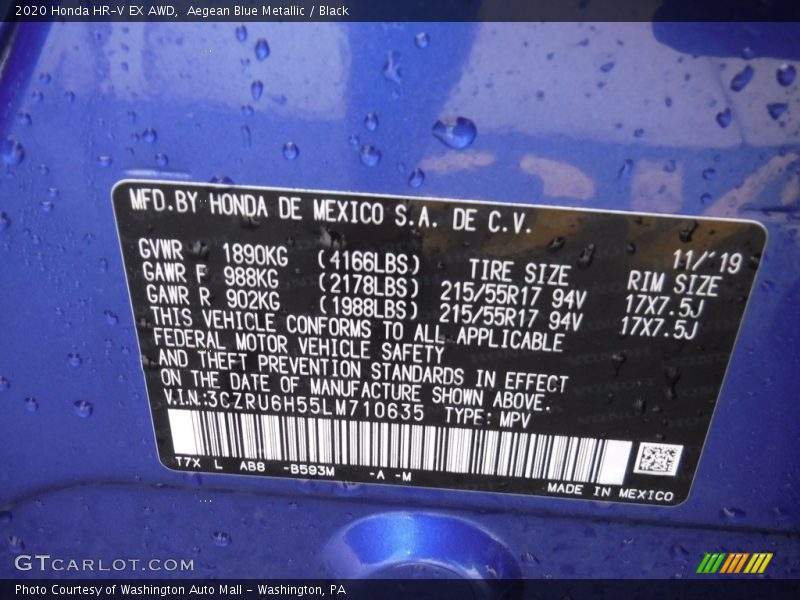 Aegean Blue Metallic / Black 2020 Honda HR-V EX AWD