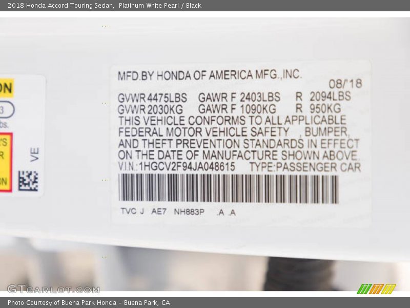 2018 Accord Touring Sedan Platinum White Pearl Color Code NH883P