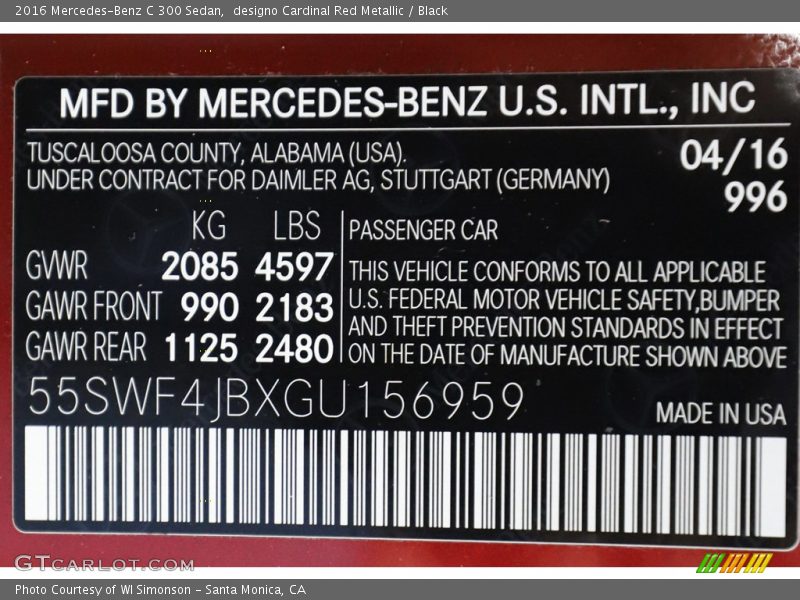 2016 C 300 Sedan designo Cardinal Red Metallic Color Code 996