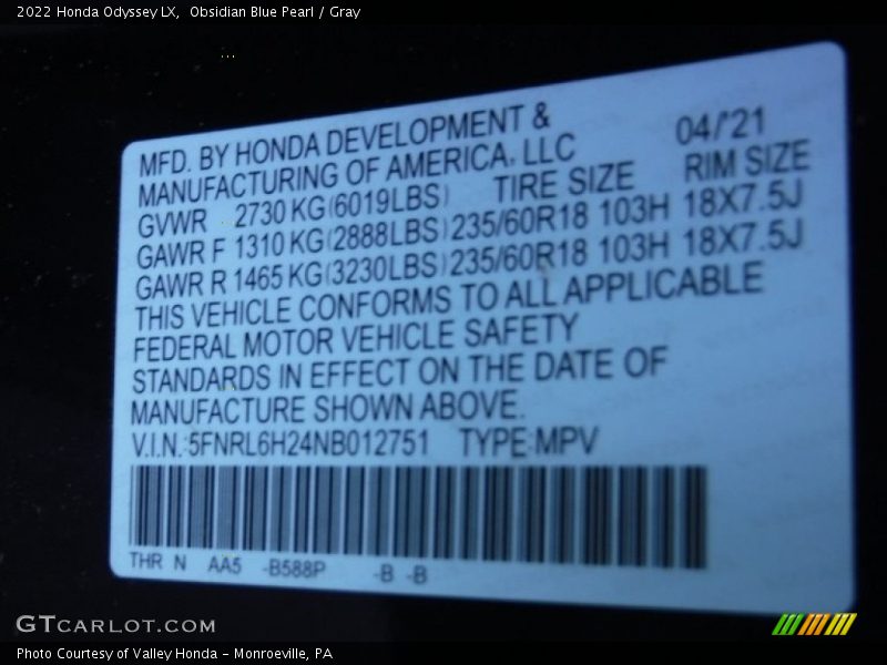 Obsidian Blue Pearl / Gray 2022 Honda Odyssey LX