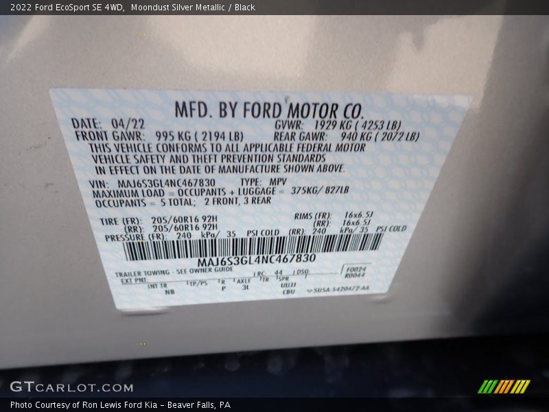 Moondust Silver Metallic / Black 2022 Ford EcoSport SE 4WD