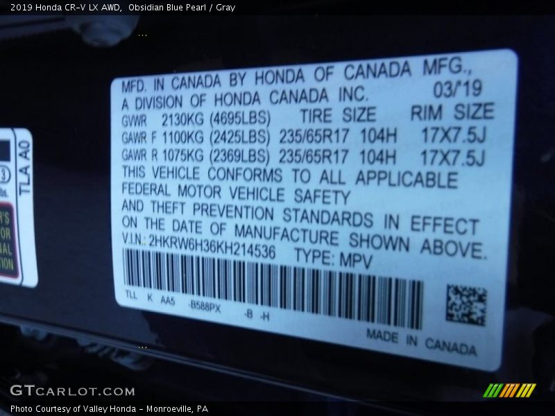 Obsidian Blue Pearl / Gray 2019 Honda CR-V LX AWD