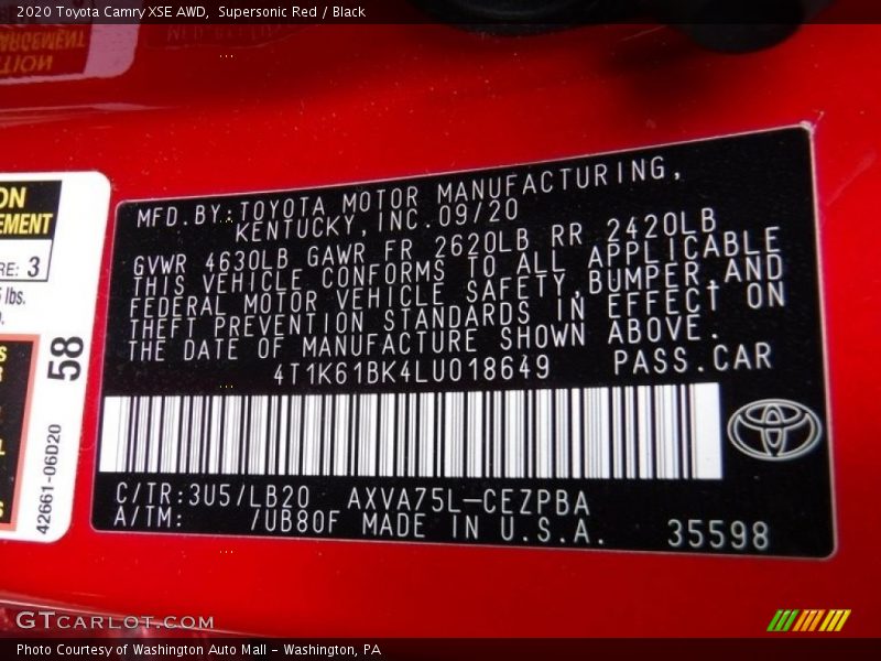 Supersonic Red / Black 2020 Toyota Camry XSE AWD