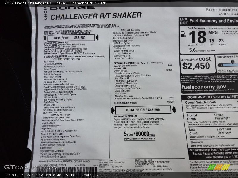  2022 Challenger R/T Shaker Window Sticker