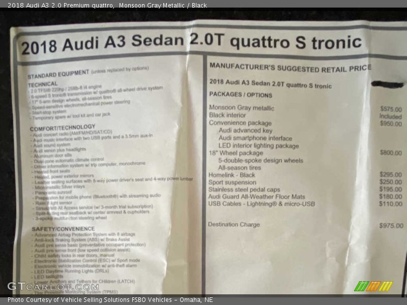Monsoon Gray Metallic / Black 2018 Audi A3 2.0 Premium quattro