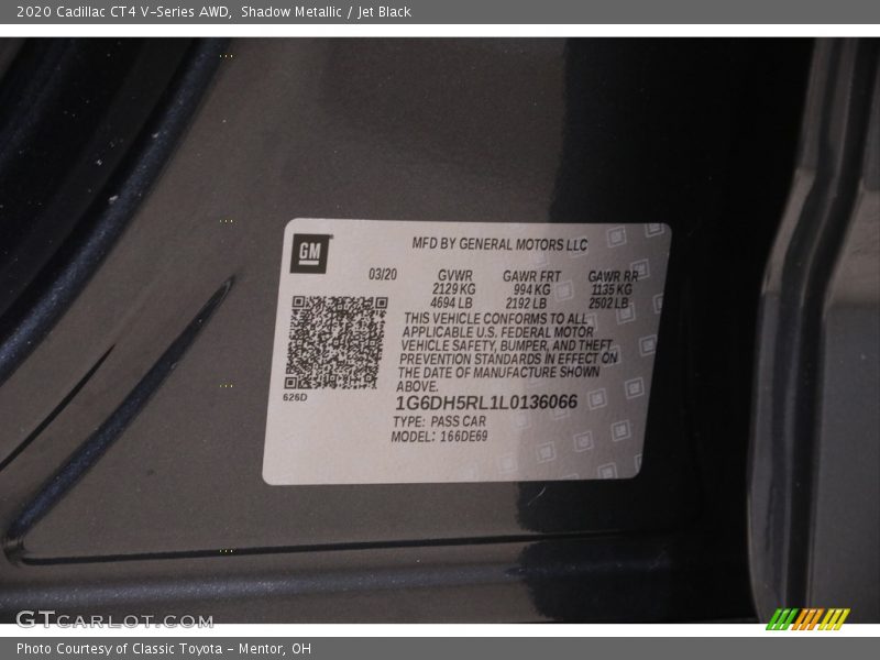 Shadow Metallic / Jet Black 2020 Cadillac CT4 V-Series AWD