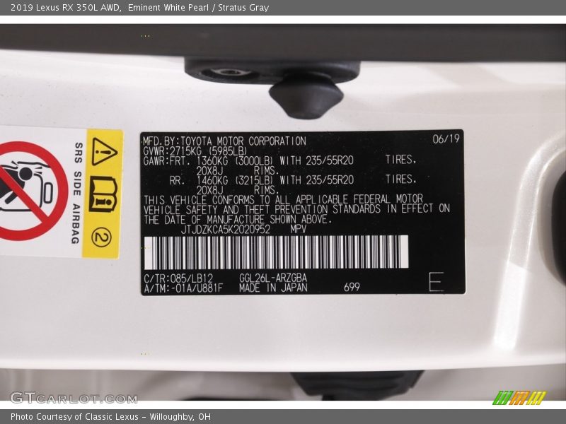 Eminent White Pearl / Stratus Gray 2019 Lexus RX 350L AWD