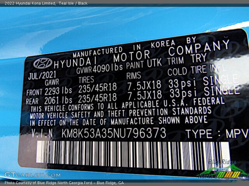 Teal Isle / Black 2022 Hyundai Kona Limited