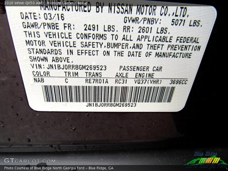 2016 QX50 AWD Midnight Garnet Color Code NAB