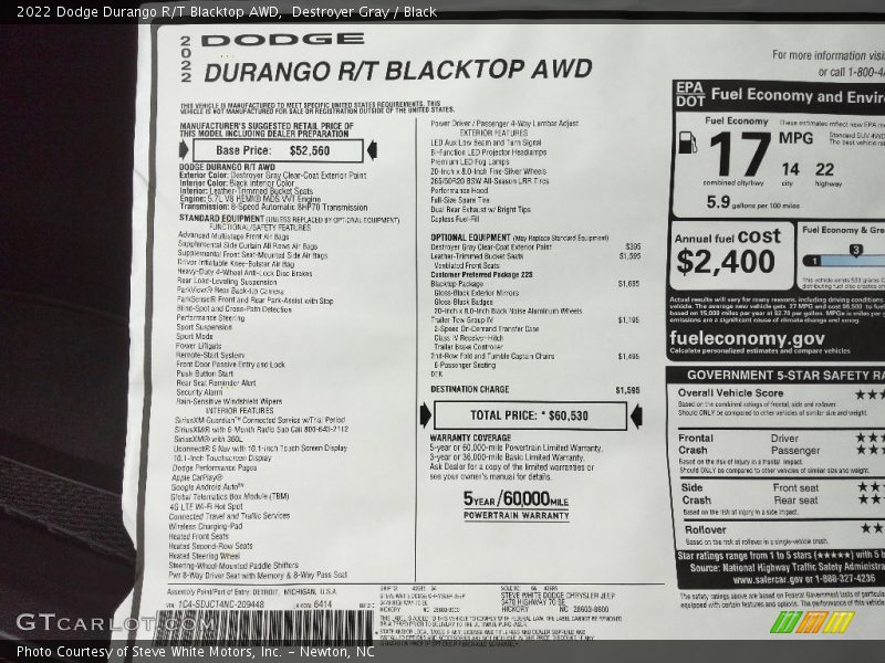  2022 Durango R/T Blacktop AWD Window Sticker