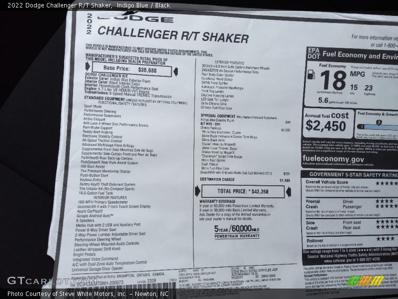  2022 Challenger R/T Shaker Window Sticker