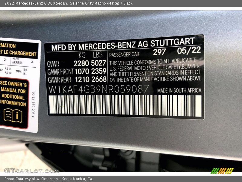 2022 C 300 Sedan Selenite Gray Magno (Matte) Color Code 297
