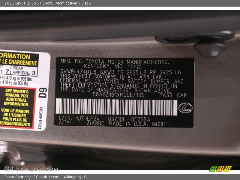 Atomic Silver / Black 2021 Lexus ES 350 F Sport