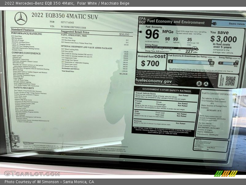  2022 EQB 350 4Matic Window Sticker