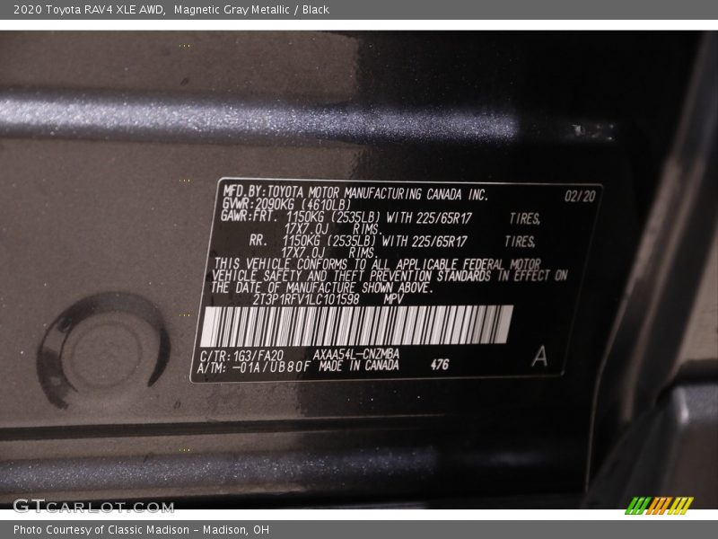 Magnetic Gray Metallic / Black 2020 Toyota RAV4 XLE AWD