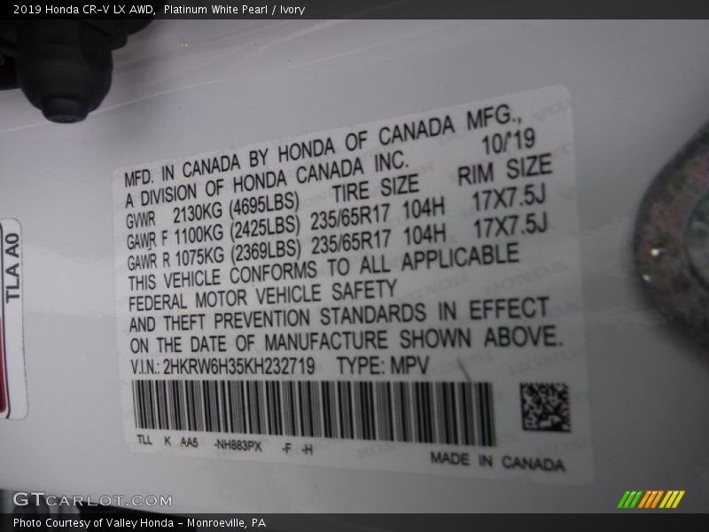 Platinum White Pearl / Ivory 2019 Honda CR-V LX AWD