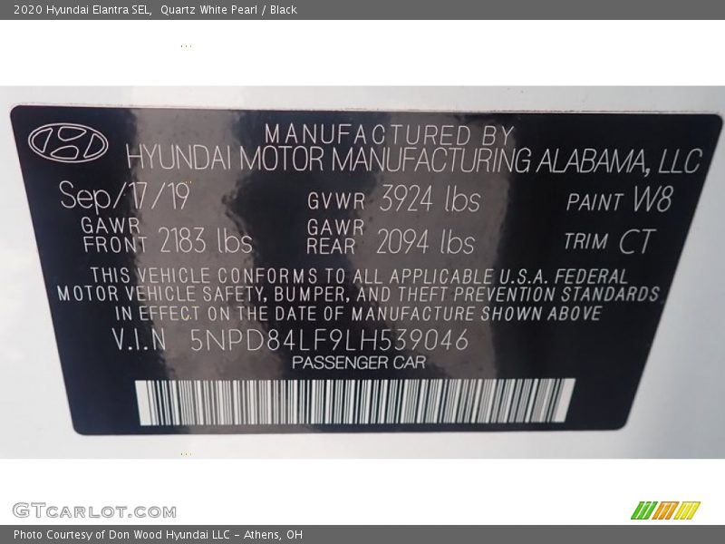 Quartz White Pearl / Black 2020 Hyundai Elantra SEL