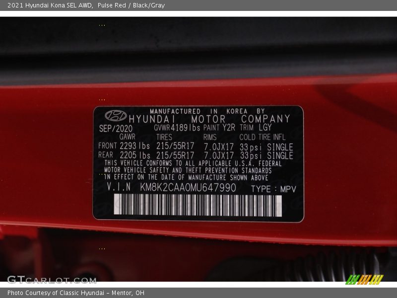 Pulse Red / Black/Gray 2021 Hyundai Kona SEL AWD