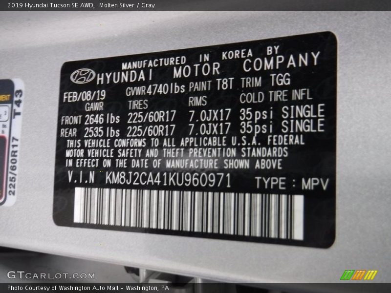Molten Silver / Gray 2019 Hyundai Tucson SE AWD