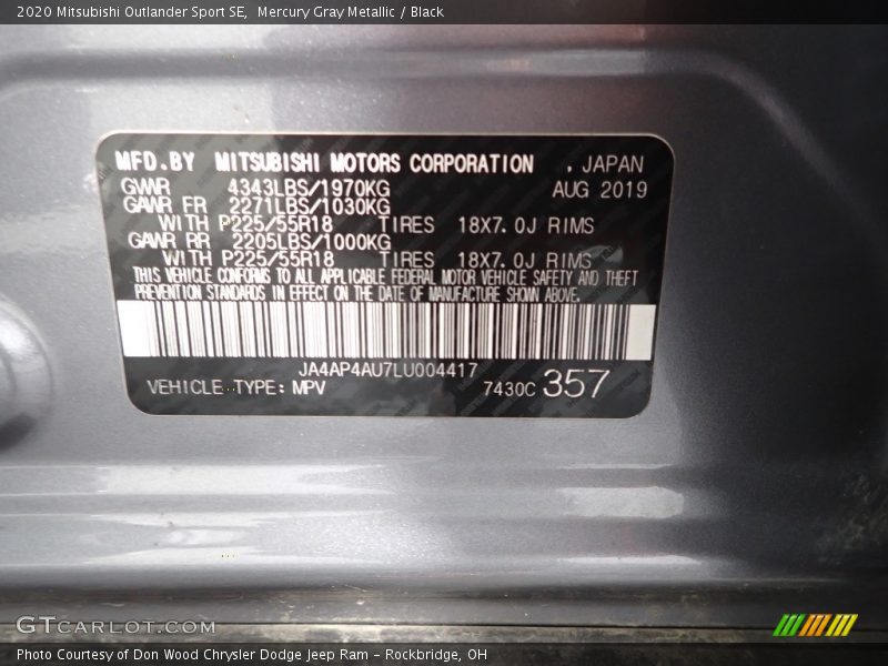Mercury Gray Metallic / Black 2020 Mitsubishi Outlander Sport SE