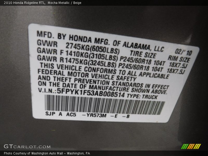 Mocha Metallic / Beige 2010 Honda Ridgeline RTL