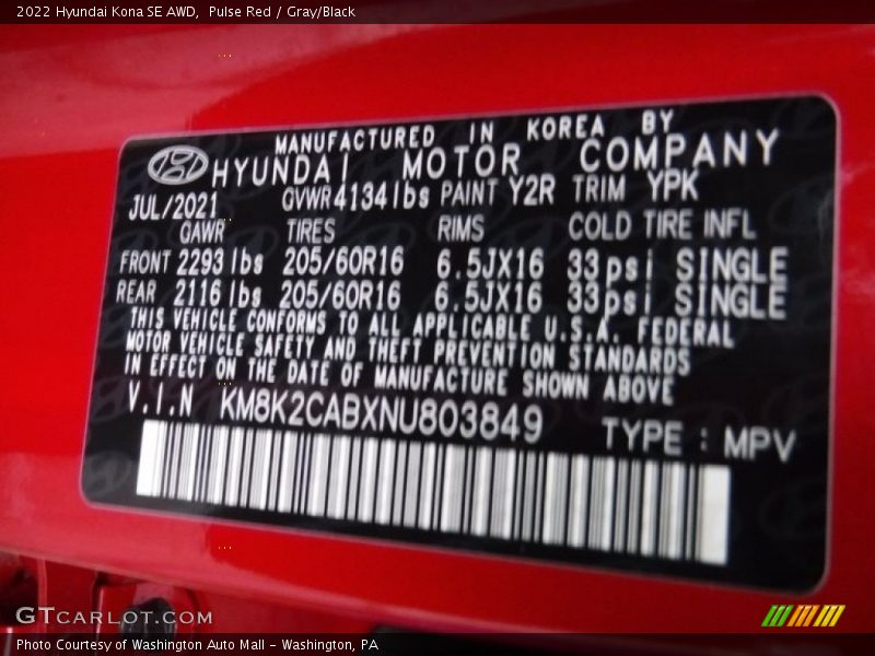 Pulse Red / Gray/Black 2022 Hyundai Kona SE AWD