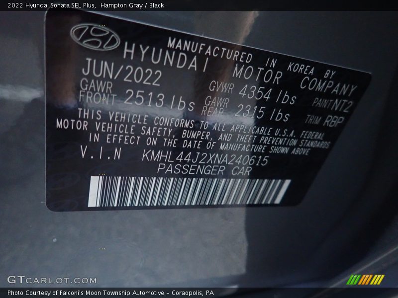 Hampton Gray / Black 2022 Hyundai Sonata SEL Plus